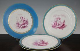 Two pairs of Minton Sevres style plates, c.1865, each painted in puce with cherubs frolicking in