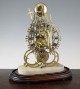 A Victorian brass single fusee skeleton clock, with architectural frame and silvered Roman dial,