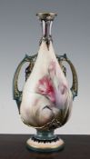 A Hadley`s Worcester vase, c.1901, the twin handled pear shaped body painted with tulips, polychrome