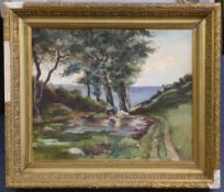 French School, Mahvoil on canvas,Woman washing clothes in a coastal streaminitialled with