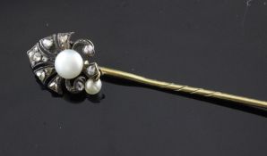 A Victorian gold and silver, pearl and rose diamond set stick pin, with detachable motif, 2.75in.
