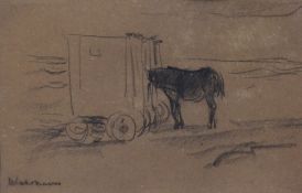 Max Liebermann (1847-1935)charcoal,Donkey and batheing huts, Noordwijk beach,signed,5 x 8in.