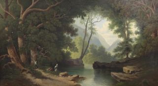 Francaisco Karlogiani (?)oil on canvas,Wooded valley with figures beside a stream,signed and dated