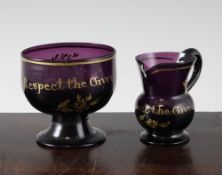 A rare George III amethyst glass and gilt decorated sugar bowl and milk jug, c.1800, each of