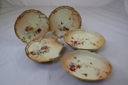 Five Royal worcester blush ivory dessert dishes, c.1893-4, by Raby, each decorated with flower