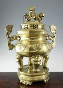 A large Chinese bronze censer, cover and stand, 19th century, of octagonal baluster form, cast in