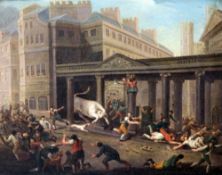 Attributed to Samuel Atkins (fl.1787-1808)oil on canvas,Escaped bull beside a market place,10 x