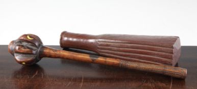 A Fijian hardwood Ula throwing club, inlaid with stars and moons and carved pattern handle, 15.75in.