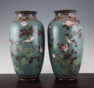 A pair of Japanese cloisonne enamel vases, early 20th century, each decorated with birds perched