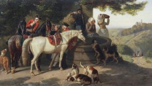 Friedrich Wilhelm Keyl (1823-1871)oil on canvas,Hunting party stopping at a fountain,signed and