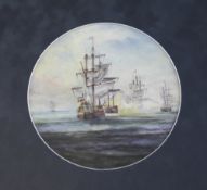 A Stephan Nowacki circular plaque, 20th century, painted with a maritime battle, signed, 6in.,