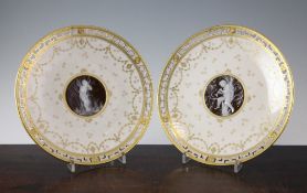 A pair of Minton pate-sur-pate plates, by Alboin Birks, c.1901-3, the first painted with a fairy
