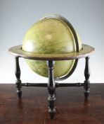 A Victorian Malby 12 inch terrestrial table globe, with brass meridian circle and horizon ring, with