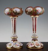 A pair of large Bohemian enamelled overlaid table lustres, second half 19th century, the ruby