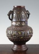 A Japanese champleve enamel and bronze vase, late 19th century, in archaistic style, decorated
