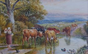 Myles Birket Foster (1825-1899)watercolour,Cattle and drover at sunset,monogrammed,4 x 6.5in.