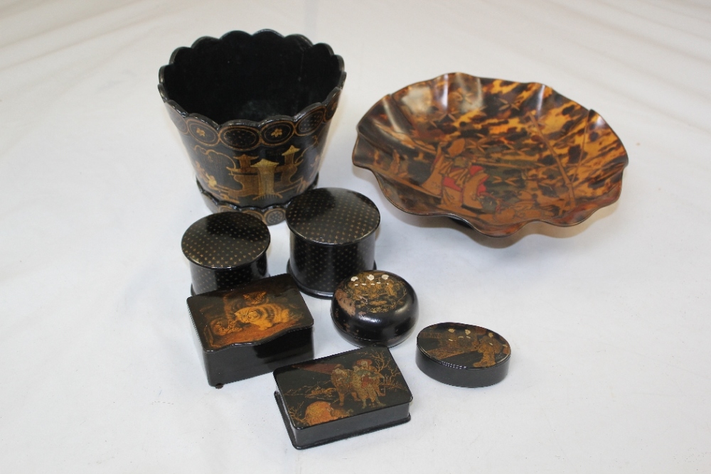A Japanese lacquered tortoiseshell bowl, a chinoiserie lacquer planter, a lacquered Japanese
