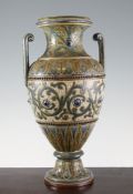 A Doulton Lambeth stoneware baluster vase, by Frank Butler, dated 1878, decorated to a central