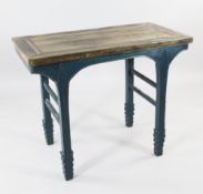 A provincial Chinese altar table, with elm top and blue painted base with tapering supports and wavy