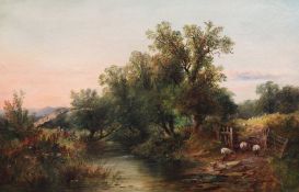 19th Century English Schooloil on canvas,Figures in a meadow with sheep crossing a brook,16 x 24in.