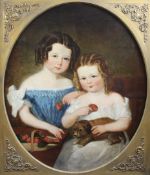 Victorian Schooloil on canvas,Portrait of two children with a puppy and basket of strawberries,30
