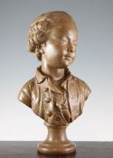 A late 19th century French brown painted terracotta bust of a young boy, on a circular socle base,