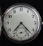 A 1930`s silver keyless lever half hunter pocket watch, with Arabic dial and subsidiary seconds