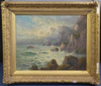 Frank Hider (1861-1933)oil on canvas,Coastal scene with fishermen beside sea cliffs,signed,14 x