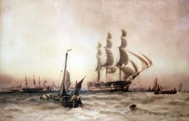 Richard Henry Nibbs (1816-1893)watercolour,A Man o`War leaving Portsmouth harbour,signed,23.5 x 35.