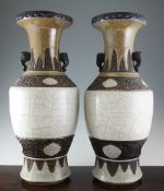 A pair of large three colour ground crackle glaze vases, Guangxu period, with dark brown glazed