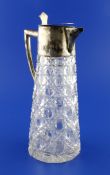 An Edwardian silver mounted hobnail cut glass claret jug, of tapering form, with angular handle,