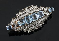 A 1930`s Art Deco gold and silver, aquamarine and white paste set double clip brooch, of stepped