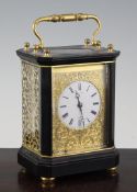 A 19th century French brass mounted ebony carriage clock, the enamelled Roman dial signed Bright,