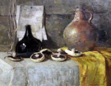Mary Remington (1910-2003)oil on canvas,Still life of mushrooms and old bottles,signed,20 x 24in.