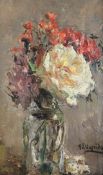 Eduardo-Leon Garrido (Spanish, 1856-1949)oil on wooden panel,Still life of flowers in a glass vase,