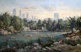 § Charles Ernest Cundall (1890-1974)oil on canvas,New York viewed from the boating pond at Central
