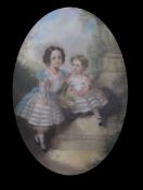 Victorian Schoolpastel,Portrait of two children on a terrace,indistinctly signed and dated 1856,27 x