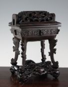 A Chinese archaistic bronze fang ding censer, with rosewood cover and stand, 19th/20th century,