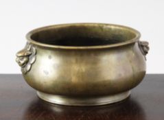 A Chinese bronze gui censer, Xuande seal mark, 18th / 19th century, the squat baluster body with a