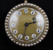 An early 20th century gold, blue enamel and seed pearl set keyless fob watch, with Arabic dial and