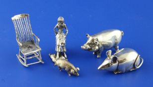 Two modern silver vesta cases, modelled as a pig and a mouse by David A. Bowles and three other