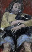 Thomas Rathmell (1912-1996)oil on board,Girl and cat, 1952,signed,18 x 12in.
