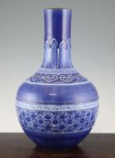 A large Chinese blue and white bottle vase, 19th / 20th century, painted to a central band with