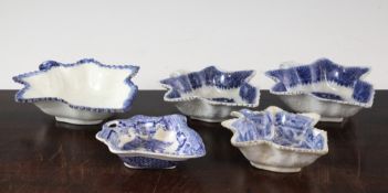 Five blue and white pottery pickle dishes, late 18th / early 19th century, four in pearlware, two