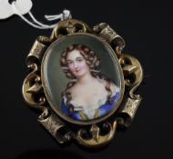 A Victorian gold and enamel portrait brooch, painted with the bust of a young lady, with pierced and