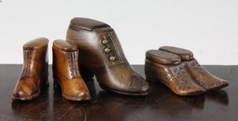 An unusual 19th century Dutch double opening treen snuff shoe, with pique work decoration,