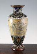 Hannah Barlow for Doulton Lambeth. A `lions` oviform vase, dated 1883, the central band decorated