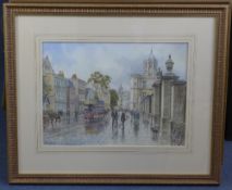 John Lewis Chapman (1946-)watercolour,Street scne with horse-drawn tram,signed,13 x 18in.