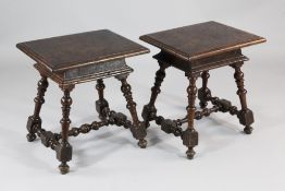 A pair of 17th century Italian carved walnut rochetto tables, with rectangular tops and turned
