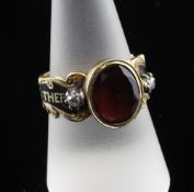 A Victorian 18ct gold, black enamel, garnet and diamond set mourning ring, shank inscription "In